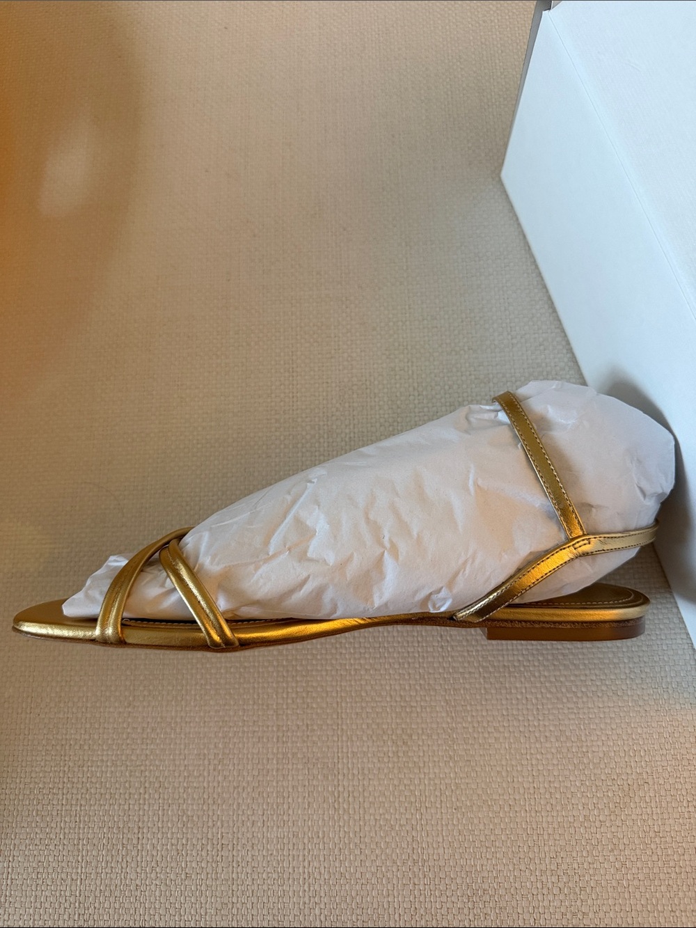 Larroude Gold Strappy Flat Sandal
